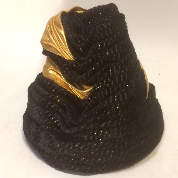 Vtg Gold Lame Black Velvet Sculptural Beehive Hat main image 8